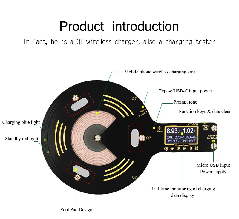 ATORCH Qi Wireless Charger Mobile phone tester for iPhone X 8 Plus Samsung Galaxy S8 S9 S7 usb fast charger lcd tester display