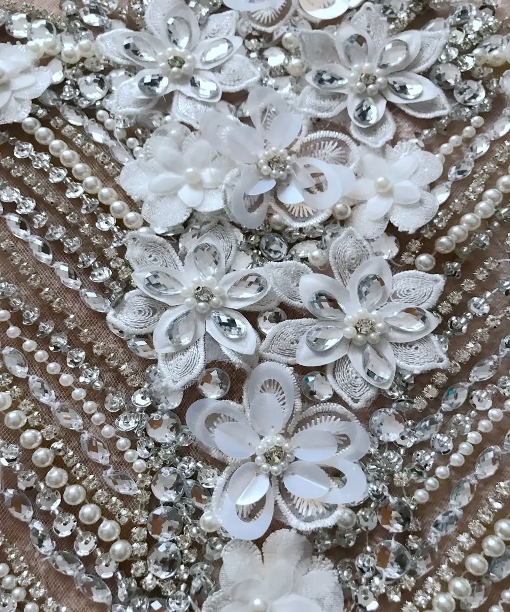 Pure hand made sew on silver Rhinestones  applique on white  mesh  crystals trim  patches 95*46cm  wedding dress accessory