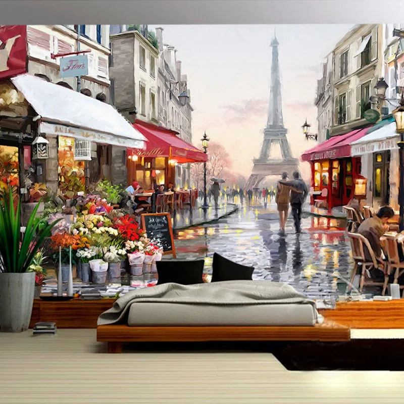 Personalizzato Murales Stile Europeo Torre Eiffel Romantico Via della Pittura A Olio Murale Sfondo Camera Da Letto Soggiorno carta Da Parati