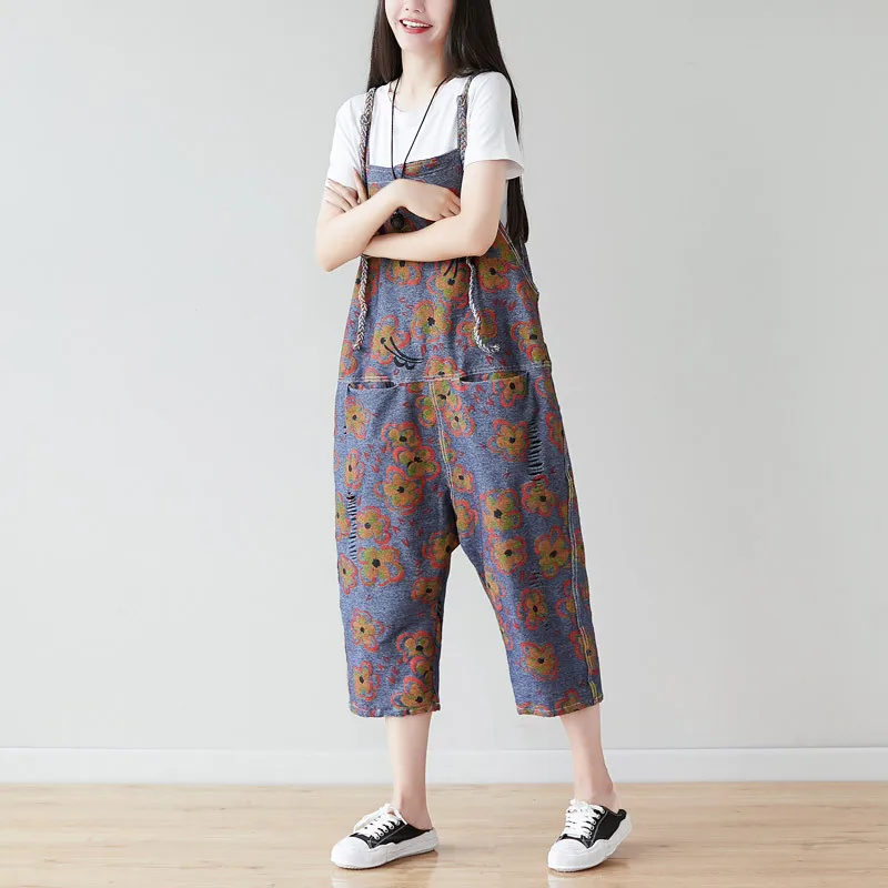 Macacão feminino estampado retrô, peça macacão feminino casual para verão estampa floral vintage rasgado 2019