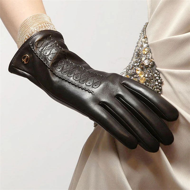 Gants d\'hiver à la mode pour femmes, en cuir véritable, solide, noir, en peau de mouton, Promotion, livraison gratuite, EL001NR-5