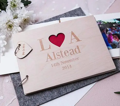 custom language Heart Initials wedding guest Memory album engraved Wooden guestbooks Reception birthday party favors