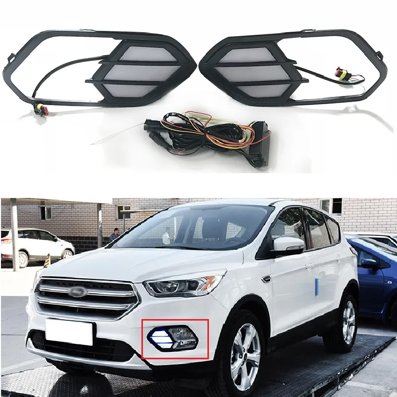 

12V LED Daytime Running Light Daylight Fit For Escape Kuga 2016 2017 Turn Yellow Signal Relay Waterproof Cover Car DRL Lamp