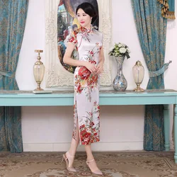 White Chinese Women Qipao Plus Size 3XL Vantage Print Flower Cheongsam Stain Long Slim Dresses Elegant Female Chinese Dress
