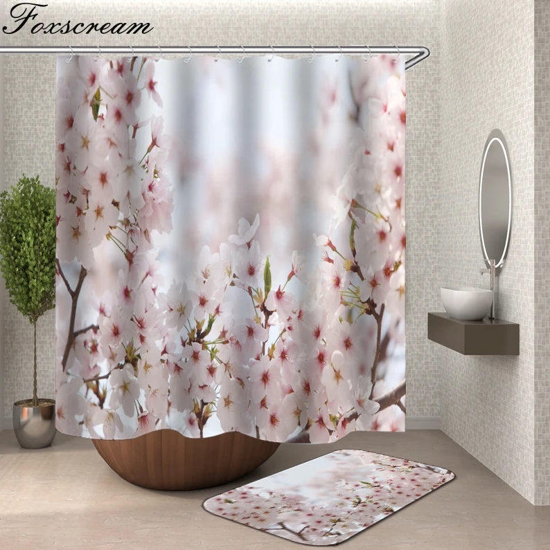 

Flower Shower Curtain Fabric Bath Curtain Red Curtain Bathroom Curtain with hooks Flower Waterproof Bath Curtain Or mat