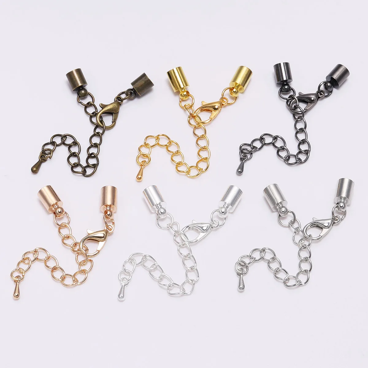 10pcs/Lot 3 - 10mm Tassel Round Leather End Tip Caps With Extending chain Lobster Clasps Hooks Connectors For DIY Jewelry Making