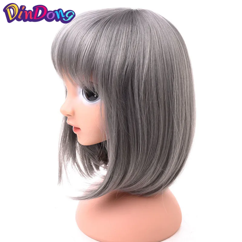 Dindong Synthetische Korte Rechte Blauw Roze Bob Pruiken Flat Bangs Hittebestendige Vezel Cosplay Party Pruik Halloween Haar