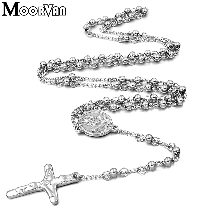 Moorvan 65cm long necklace women stainless steel necklace rosary religious beads jewelry with pray cross mens VRN24