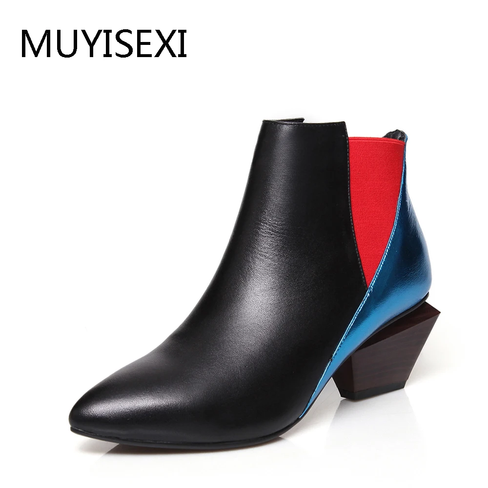 Chelsea Boots Autumn Ankle Boots for Women genuine leather Mixed color Pointed Toe irregular Square heels 34-41 HL002 MUYISEXI