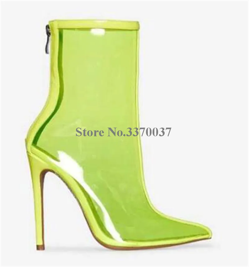 2018 New Fashion Women Sexy Pointed Toe Transparent PVC Thin Heel Short Boots Back Zipper-up Blue Perspective Ankle Booties