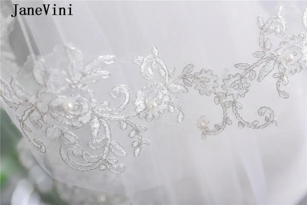 JaneVini 2019 Lace Appliqued Bride Veil 2-Layer Short Wedding Veil with Comb Women White Ivory Pearl Tulle Bridal Veils velo tul