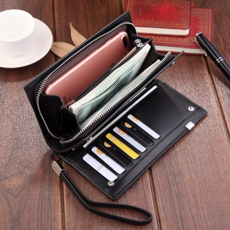 Original Luxury Brand Men\'s Wallet Business Striped Clutch Leather Purse For Male Fashion Man Card Holder With Aipper Phone Bag