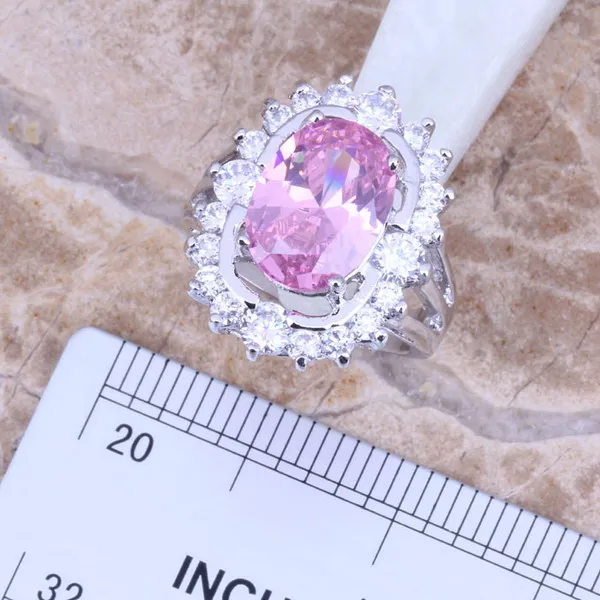 Trendy Pink White CZ Silver Plated Jewelry Sets Earrings Pendant Ring Size 6 / 7 / 8 / 9 / 10 Free S0048