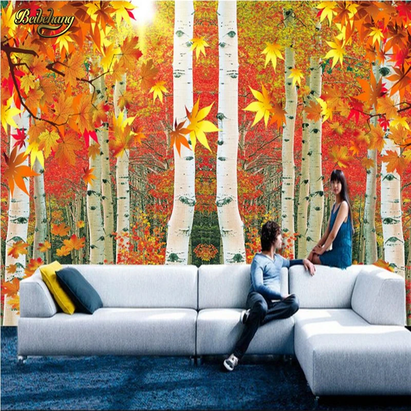 beibehang papel de parede Custom photo wall paper murals wall stickers red leaves birch forest TV 3d wallpaper