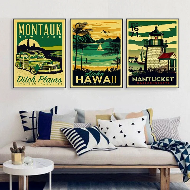 HAWAII/ ARUBA/ BROOKLYN/SAN FRANCISCO Travel Poster Retro Painting DIY Wall Vintage Paper Posters Home Gift Decoration