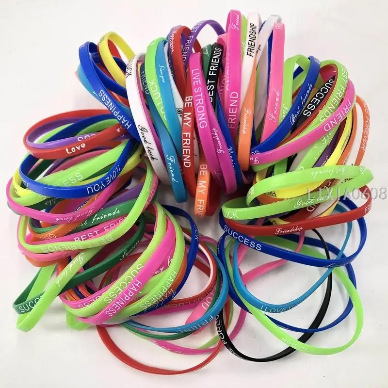 Pack of 200pcs Multicolor Love Friednship Style Wrist Cuff Power Silicone Bracelet elasticity