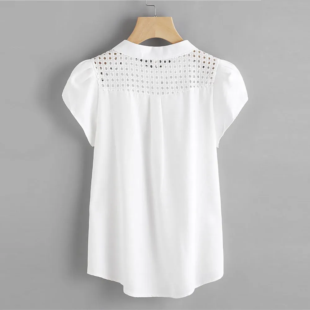 2023 Hot Women Blouse Tops Summer Hollow Top Casual Loose Short Sleeve Solid V-neck Chiffon Blouses Female Shirts Vest Blusa