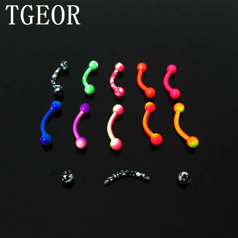 Free shipping 1.2*8*3/3mm 100pcs 16G double neon colors surgical Steel colors curved barbell piercing eyebrow ring