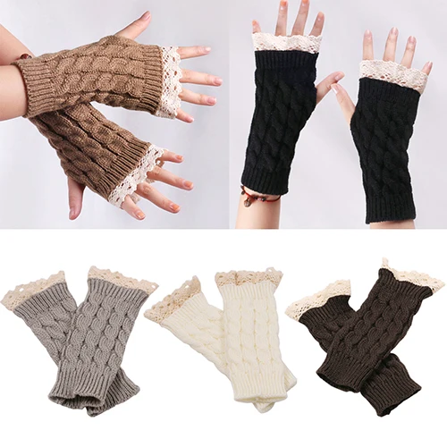 Lace Patchwork Women Knitting Embroidered Gloves Student Autumn Winter ColdproofFashion Warm Soild Fingerless Glove