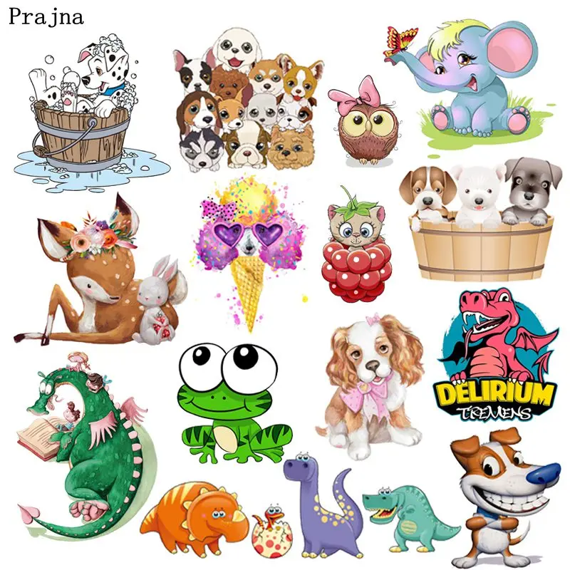 Prajna Cartoon Animals Cat Dog Heat Transfer Frog Deer Elephant  Iron-On Transfers Thermal Stickers On Clothes For Kids T-shirt