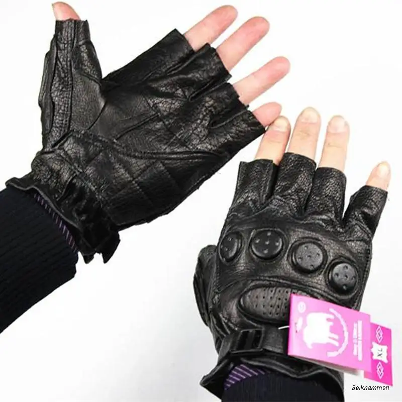 Summer Leather Half Finger Gloves Men\'s Thin Sheepskin Short Style Sports Fitness Outdoor Motorcycle Riding Fingerless Glove