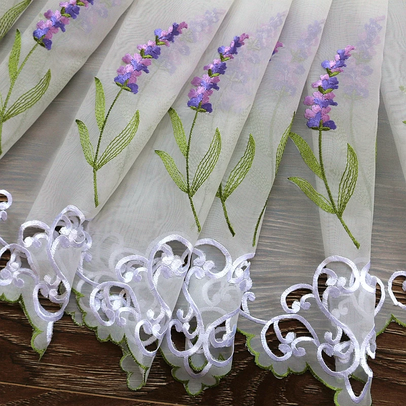 Half-curtain Purple Lavender Flower Embroidery Hollow Lace Hem Coffee Curtain Tulle Curtain for Wedding Kitchen Cabinet Door