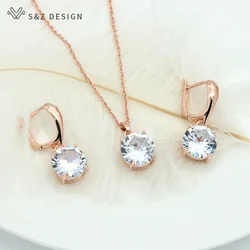 S&Z DESIGN New Classic Big Round Cubic Zirconia Dangle Earrings Jewelry Sets For Women 585 Rose Gold Color Wedding Party Gift