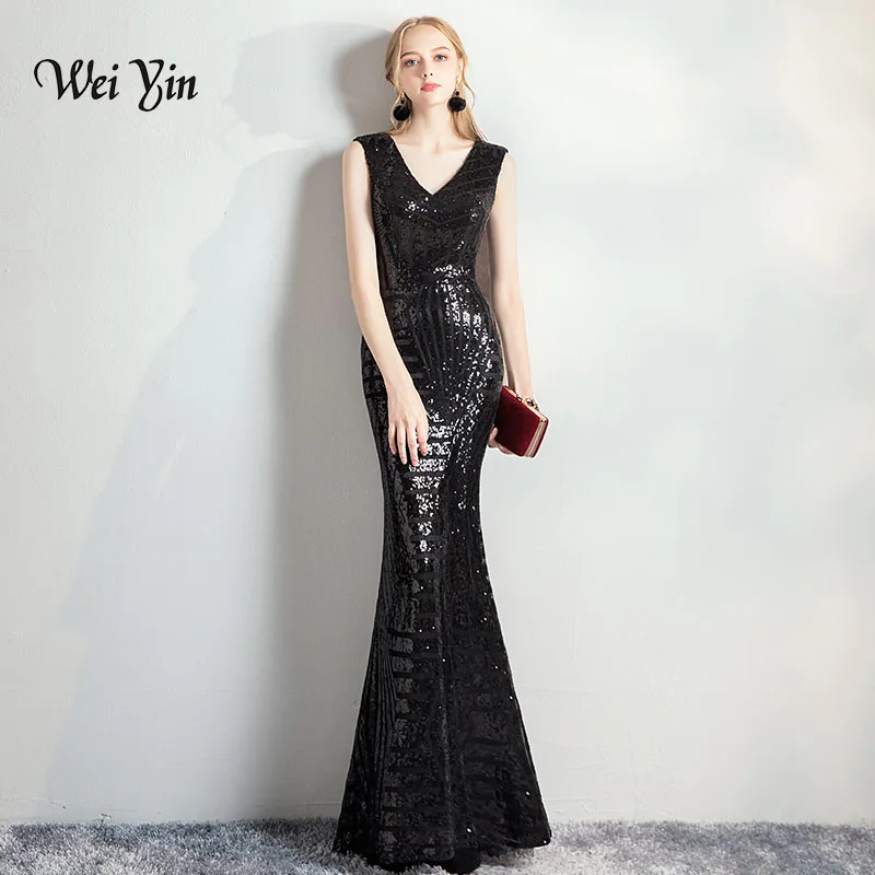 

weiyin Black Sequins Evening Dress Mermaid Long Formal Prom Party Dress V-neck Sexy Long Evening Gown New Style Robe De Soriee