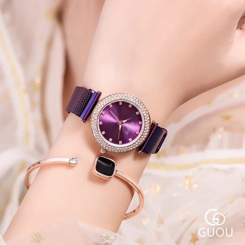 2019 Ladies fashion star round zircon stone crystal dial simple steel watchband classic quarz female watch  G8112