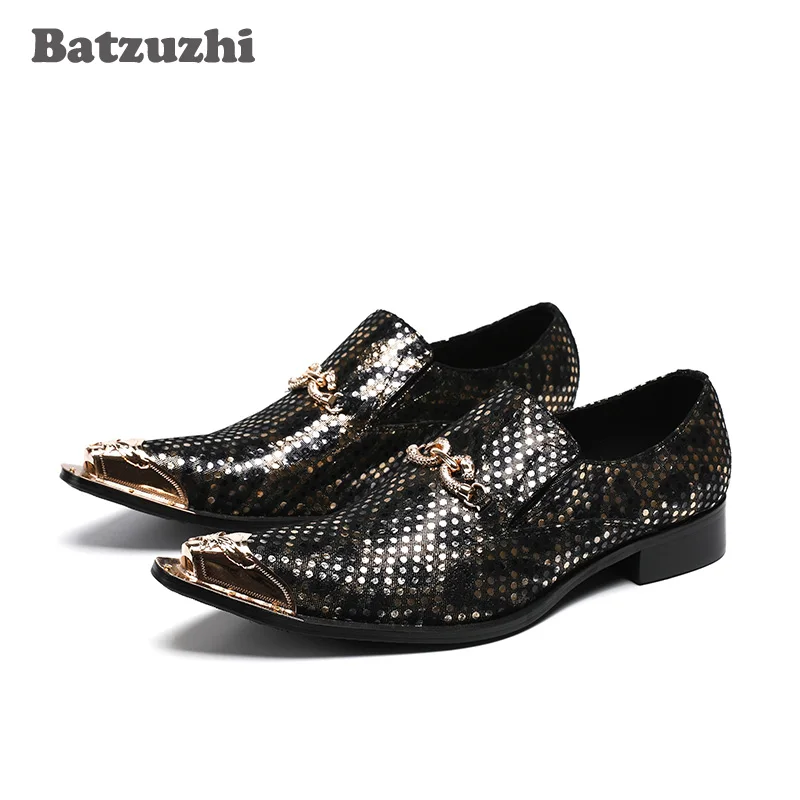 

Batzuzhi Italy Style Men's Shoes Pointed Metal Tip Genuine Leather Dress Shoes Men Black Zapatos Hombre Slip On Formal Business