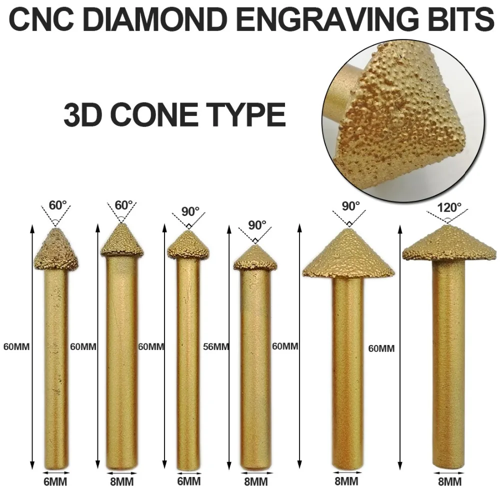 DIATOOL 2 قطعة CNC فراغ صنع من النحاس الماس الحفر بت ، 3D نحت أدوات ، 60 درجة ، عرقوب 6 مللي متر