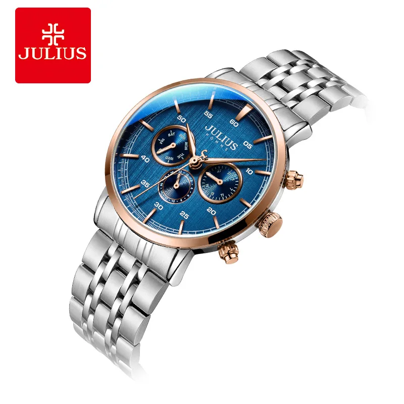 Julius watch JAH-100 Men\'s New Arrival 6 Hands Multi-function Business Watch Blue Dial Stainless Steel Clock Luxury Gift Watch