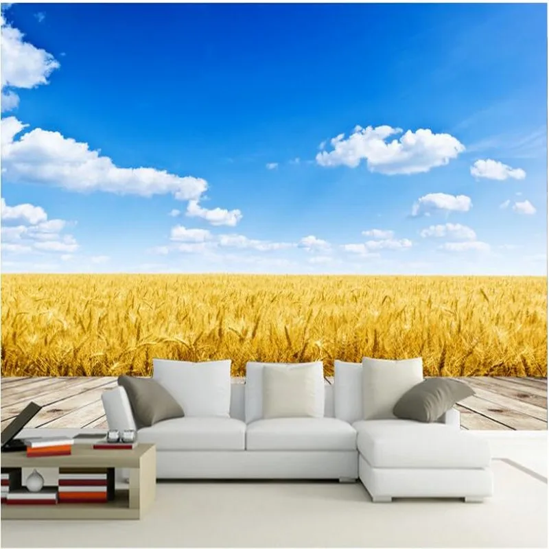 wellyu Custom large - scale murals golden wheat field blue sky and white clouds TV wallpaper  wallpaper papel de parede