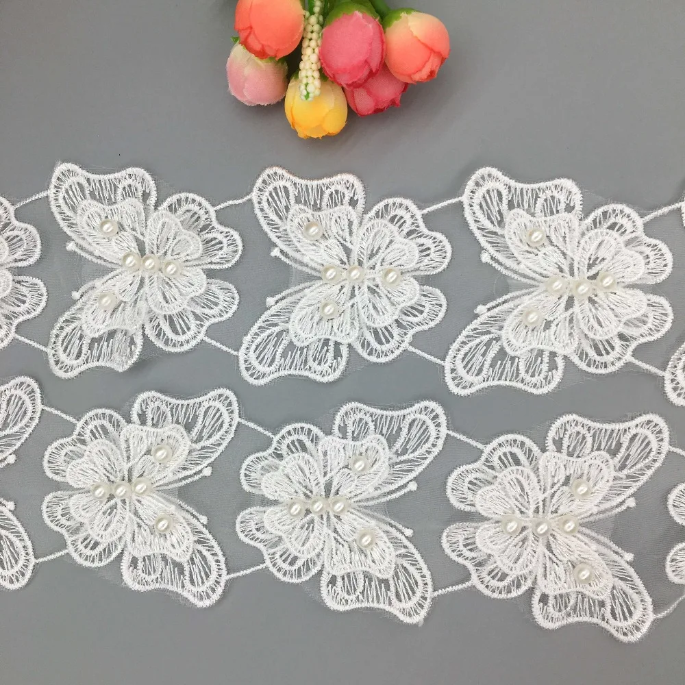 

GXINUG 20Pcs Vintage White Organza Butterfly Fabric Trim Beaded Dress Ribbon Pearl Sewing Applique Lace Edge Wedding Hat Crafts