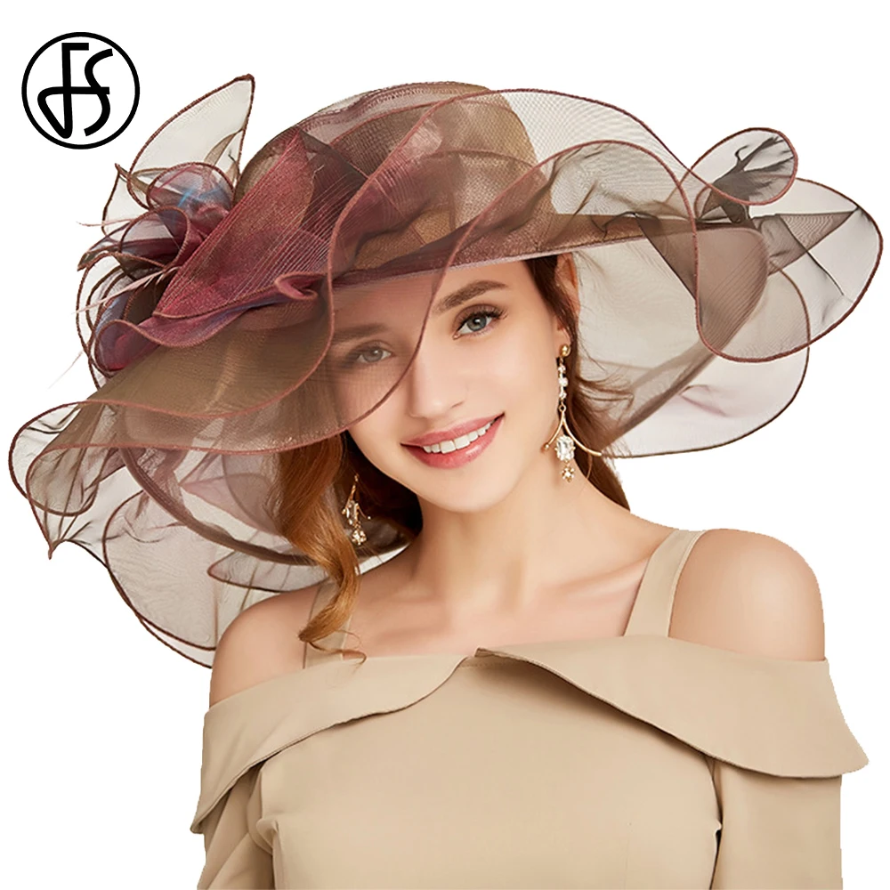 FS 2024 Pink Organza Church Hats For Women Elegant Large Brim Tea Party Wedding Cap Big Flower Fascinator Kentucky Derby Hat