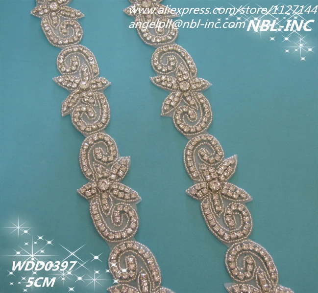 

(10 YARDS) Wholesale iron on bridal silver clear rhinestone applique beaded trim for wedding dress garment sash WDD0397