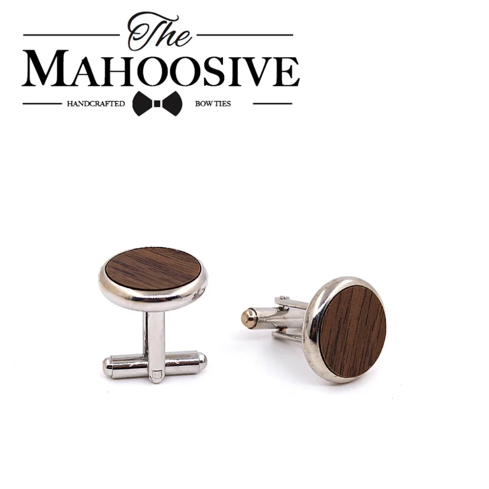 MAHOOSIVE Wooden Cufflinks Wedding Groom Round Black Walnut Cufflinks For Mens shirt accessories Casual Cuff Link with Gift box