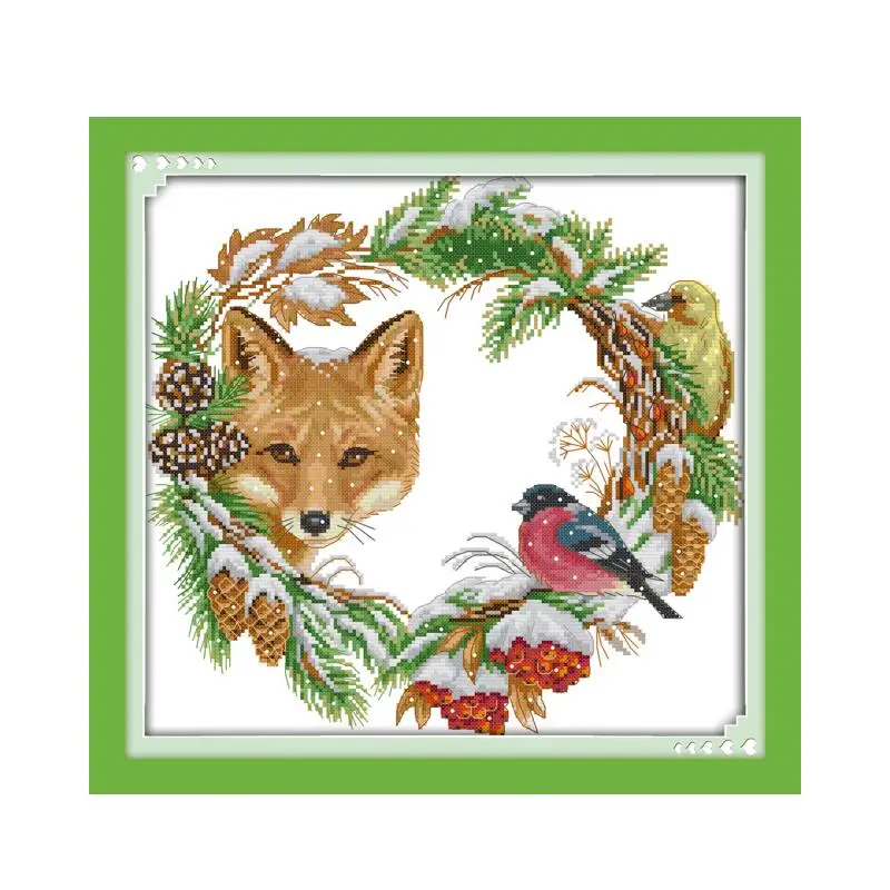 Winter snow fox bird and wreath handmade needlework cross-stitch embroidery kit furniture decoration 11CT sewing