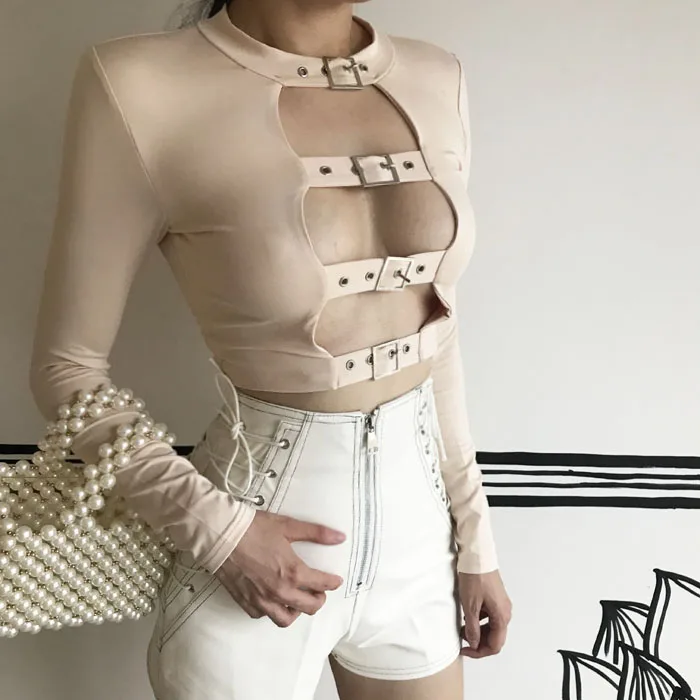 sexy choker long sleeve rivet crop tops women hollow out buckle casual t shirt female plus size s-3xl short tight tee T-shirt