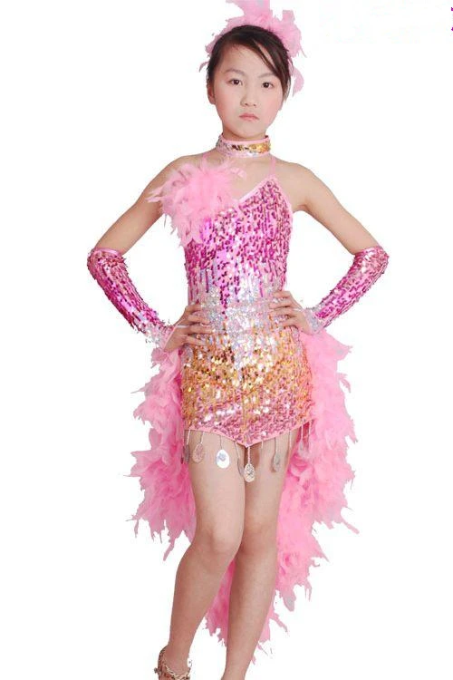 Hot New Girls Latin Dance Dress Costume Shining Sequin+Sexy Feather Skirt Salsa Jazz Ballroom Dance Performance/Competition Wear