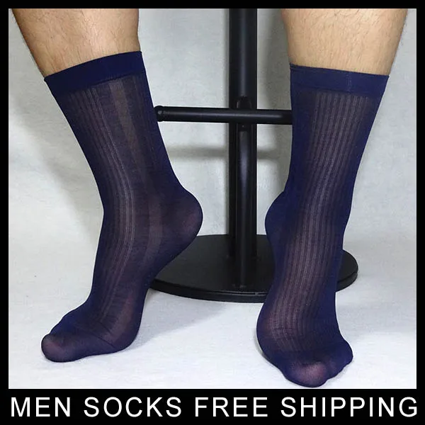 Mens Nylon Silk Socks Sheer Thin Formal Dress Socks Sexy Transparent Striped Socks High Quality Elastic Socks Black White Navy