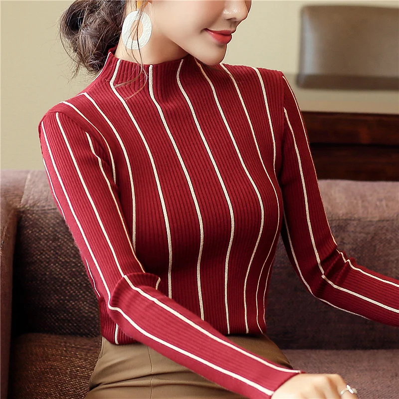 Women Winter Sweaters 2020 Autumn Stripes Half Turtleneck Sweater Bottom Shirt Female Long Sleeve Short Knit Pullovers Tops W021