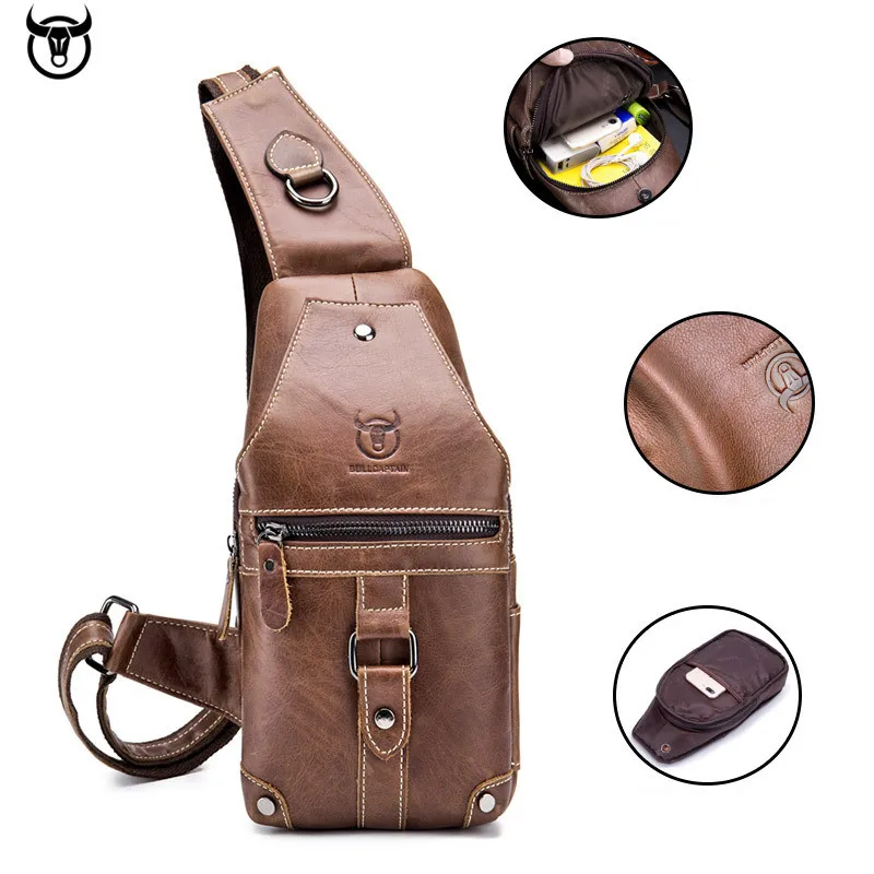 Bolsa de Ombro de Couro Genuíno para Homens Bolsa Peito Bolsa Crossbody Estilo de Marca Bolsa Mensageiro Masculina, Moda