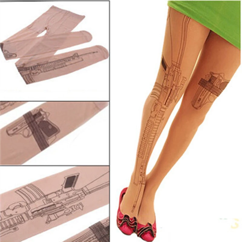 New Arrivals Machine Gun Tattoo Transparent Tights Stockings Pantyhose Women Fashion Clothing Accessory Free Shipping