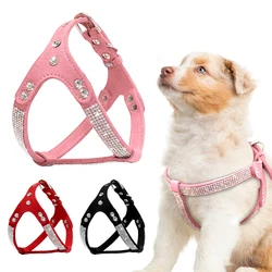 Arnés de cuero de ante suave para perro y gato, chaleco con diamantes de imitación para cachorros, perros pequeños y medianos, Chihuahua, color rosa