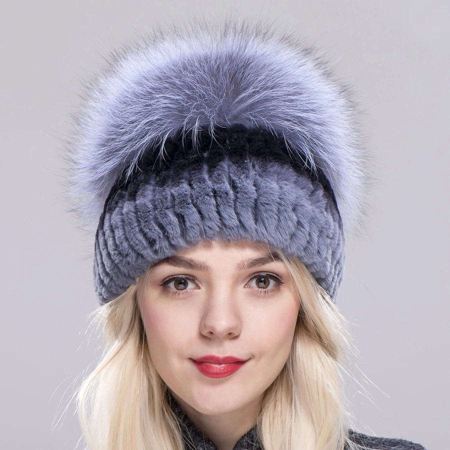 2020 FXFURS Winter hat for Women Rex Rabbit Fur cap lady Real Rabbit+Fox Fur Beanies Elastic Warm Fashion female brand headgear