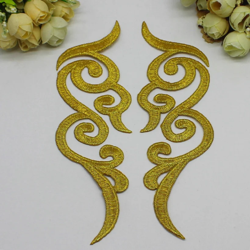 1 Pair Iron On Appliques Gold Embroidered Trims Diy Cosplay Dress Lace Trim Mirrow Pair Flower Patches Pad 18cm-5.0cm