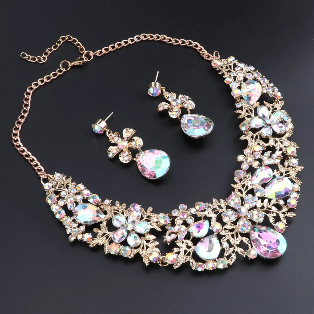 OEOEOS Dubai Gold Jewelry Sets For Women Luxury Color African Beads Jewelry Set Wedding Flower Necklace Earrings Set