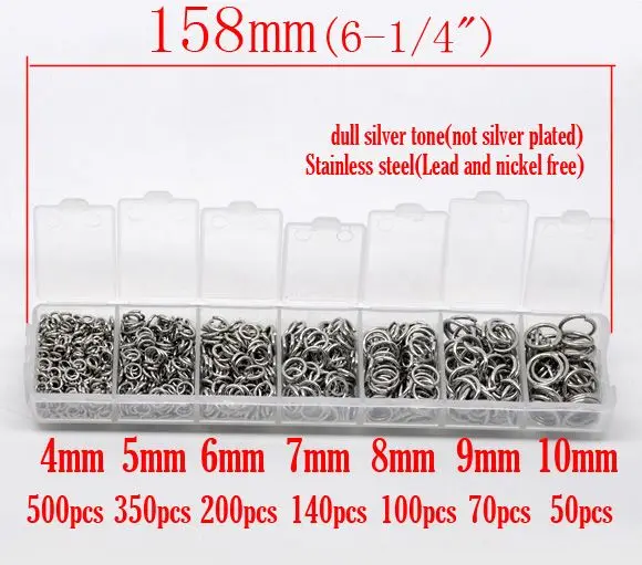 DoreenBeads 1 Box Mixed Silver Color Stainless Steel Open Jump Rings 4mm-10mm,(1410 PCs Assorted)