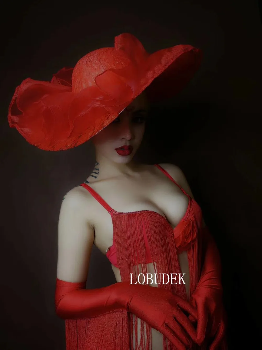 Bar Nightclub Sexy Gogo Dance Costume Red White Lace Hat Tassel Bikini Rave Festival Outfit DJ Dancer Team Performance Clothing